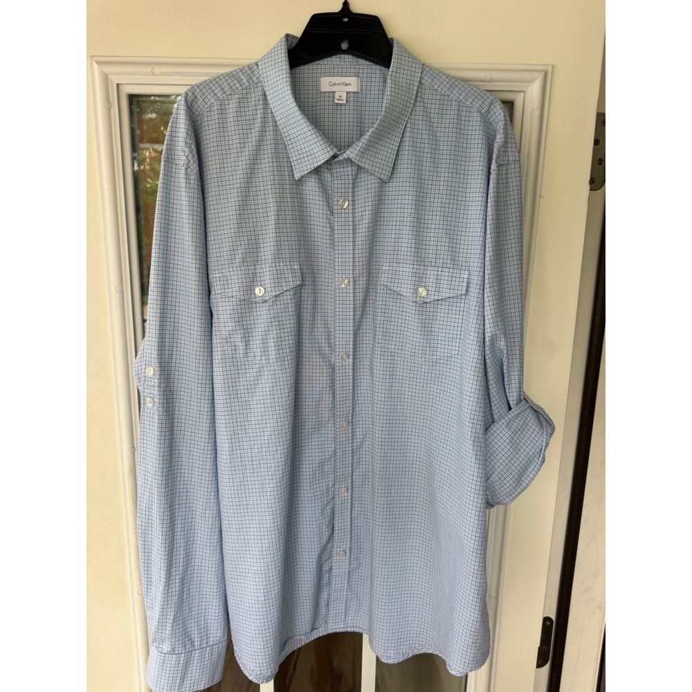 Calvin Klein XXL men Blue White Check Long Sleeve Button Up Shirt Rollup sleeves